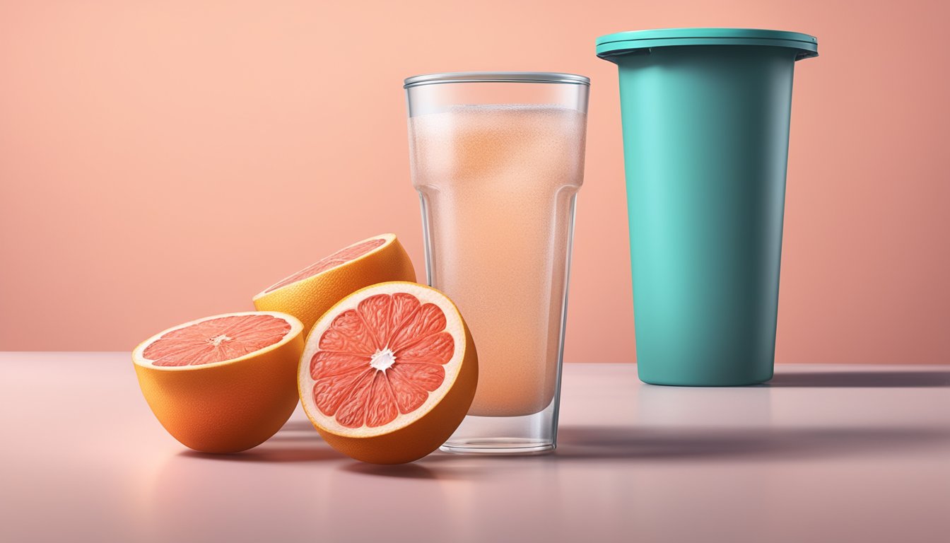 A glass of expired grapefruit juice with mold floating on the surface, sitting next to a trash can