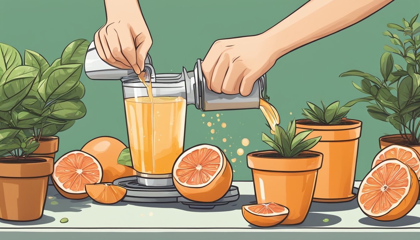 A person pouring expired grapefruit juice into a plant pot instead of discarding it