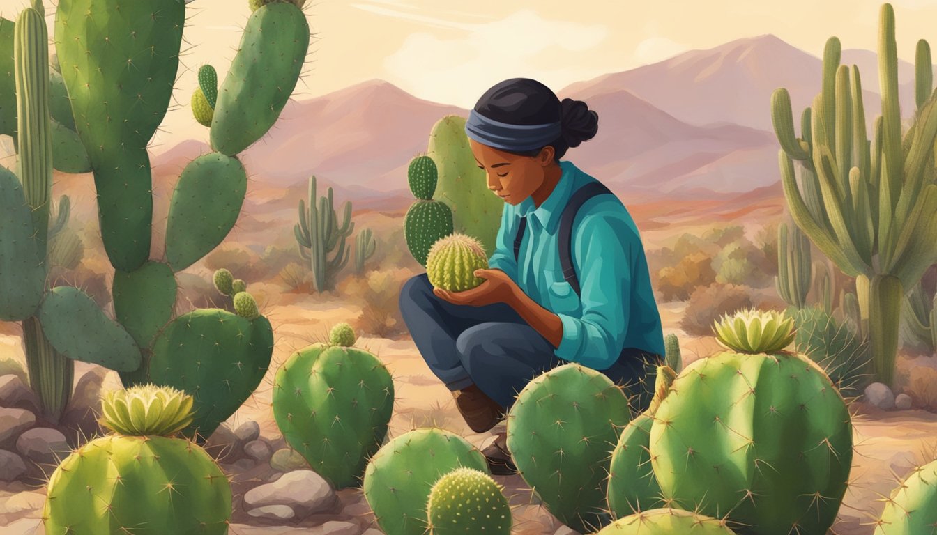 A person picking a cactus fruit from a prickly pear cactus and examining it closely