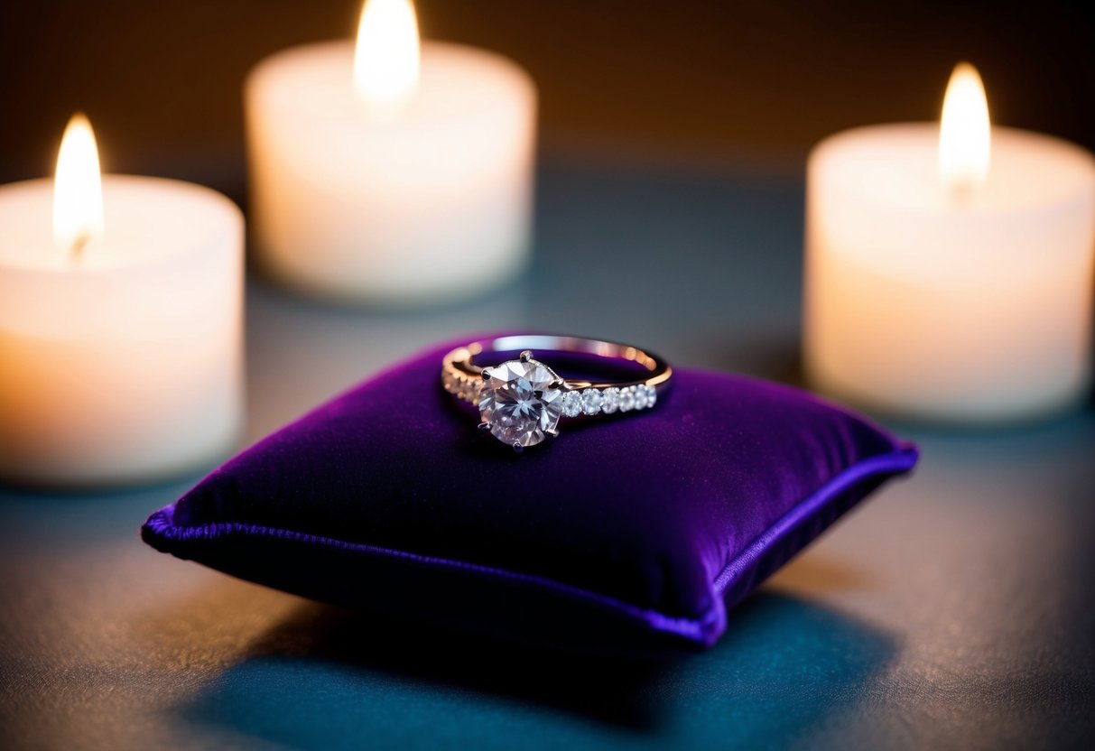 A wedding ring resting on a velvet cushion, surrounded by soft candlelight