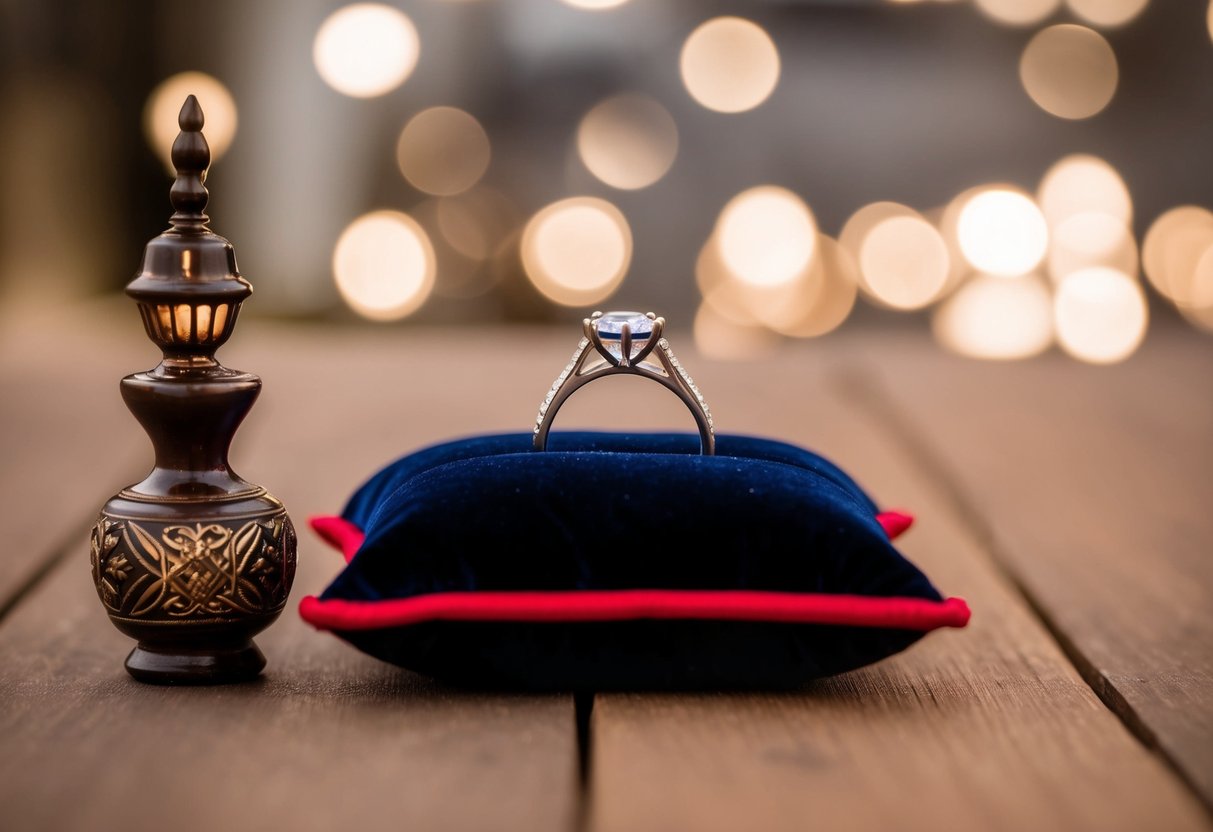 A wedding ring is placed on a velvet pillow next to a traditional ceremonial object