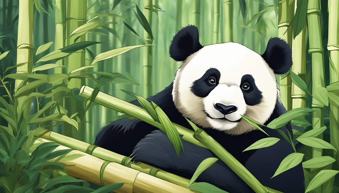 A panda munches on raw bamboo in a lush forest clearing, surrounded by different varieties of bamboo plants