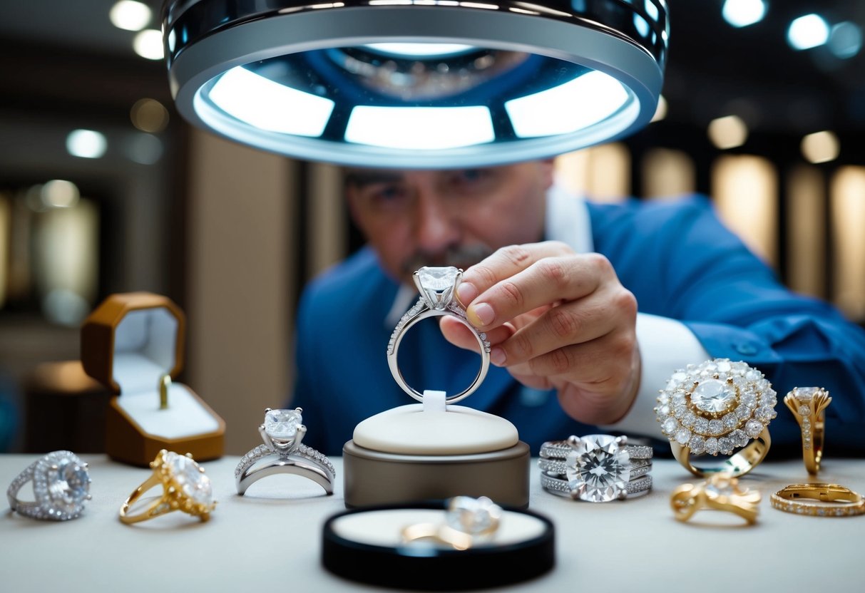 A jeweler carefully examines a sparkling diamond ring under bright lights, surrounded by various other elegant and expensive pieces of jewelry