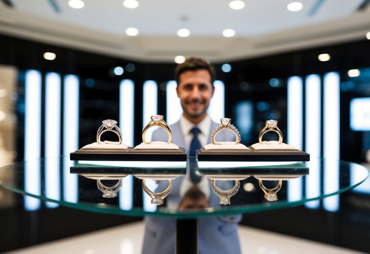 A jeweler presenting a display of elegant engagement rings in a modern, well-lit showroom