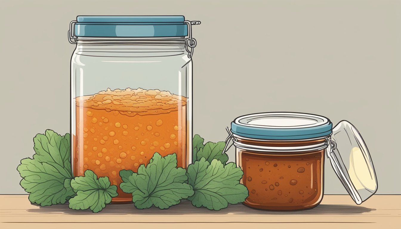 A jar of expired gochujang with visible mold growth, sitting next to a fresh jar