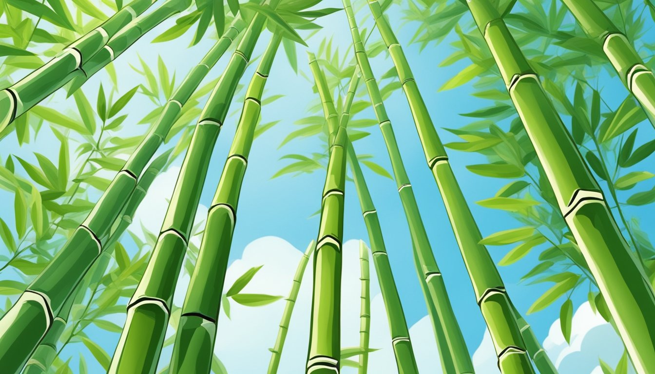 Fresh bamboo shoots surrounded by lush green leaves, with a clear blue sky in the background