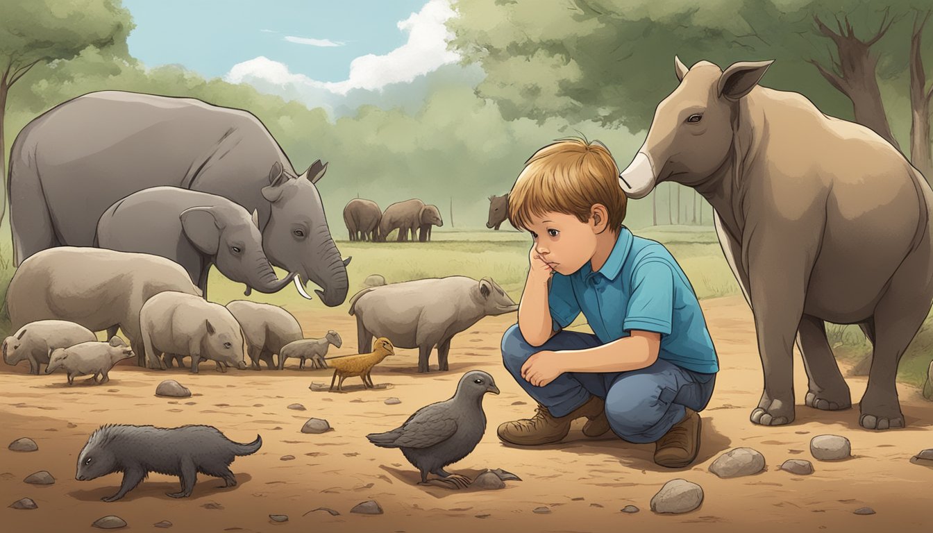 A child observing a group of animals eating dirt with a concerned expression