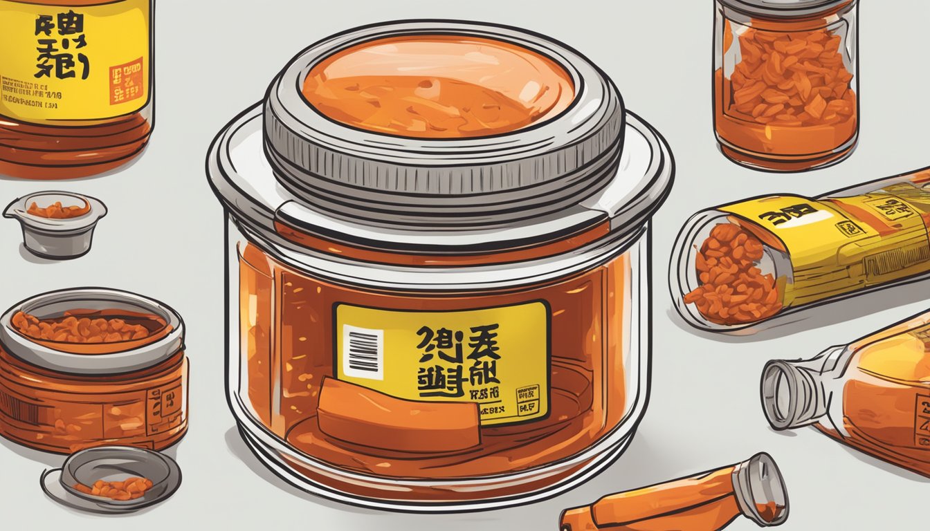 A jar of expired gochujang with a visible expiration date, surrounded by warning signs and caution tape