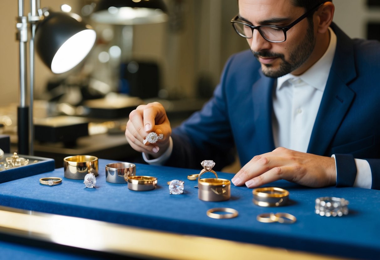 A jeweler carefully examines various precious metals and gemstones, comparing their quality and price, while creating a wedding ring