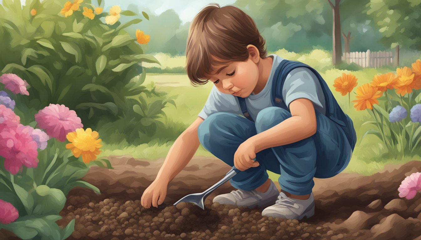 A child playing in the garden, picking up a handful of dirt and examining it closely with a concerned expression on their face