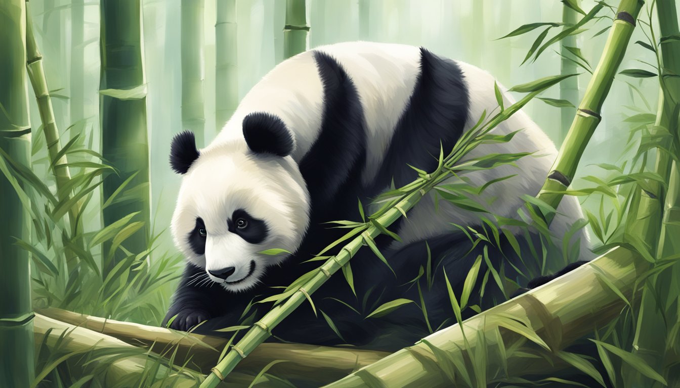 A panda munches on fresh bamboo in a peaceful forest clearing