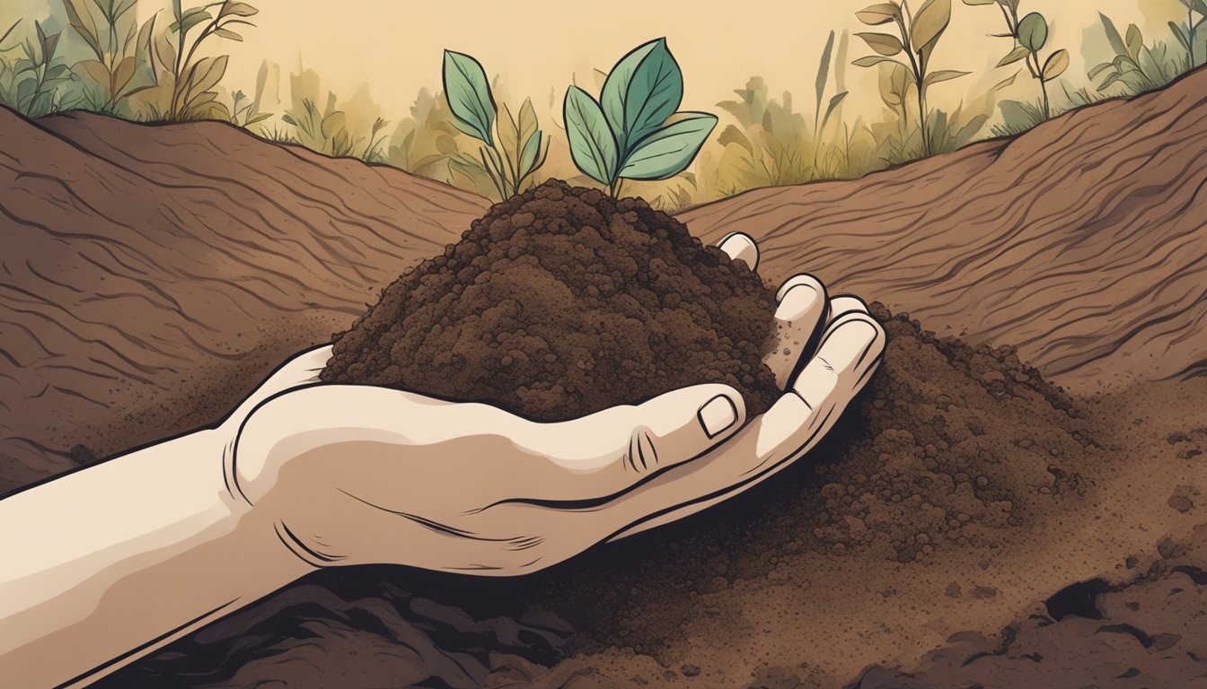 A child's hand reaching for a clump of soil, with a worried expression on their face