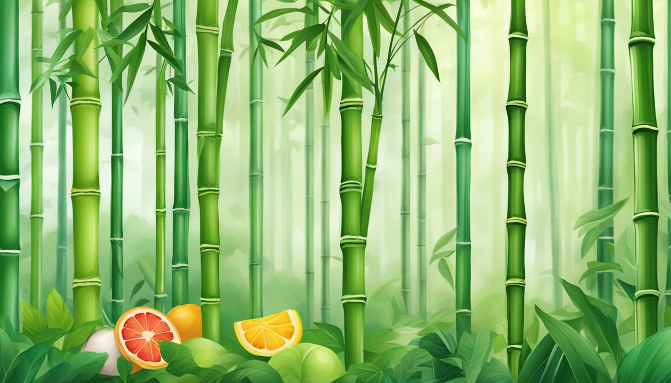 A serene bamboo forest with fresh green shoots, surrounded by a variety of fruits and vegetables used in dietary practices