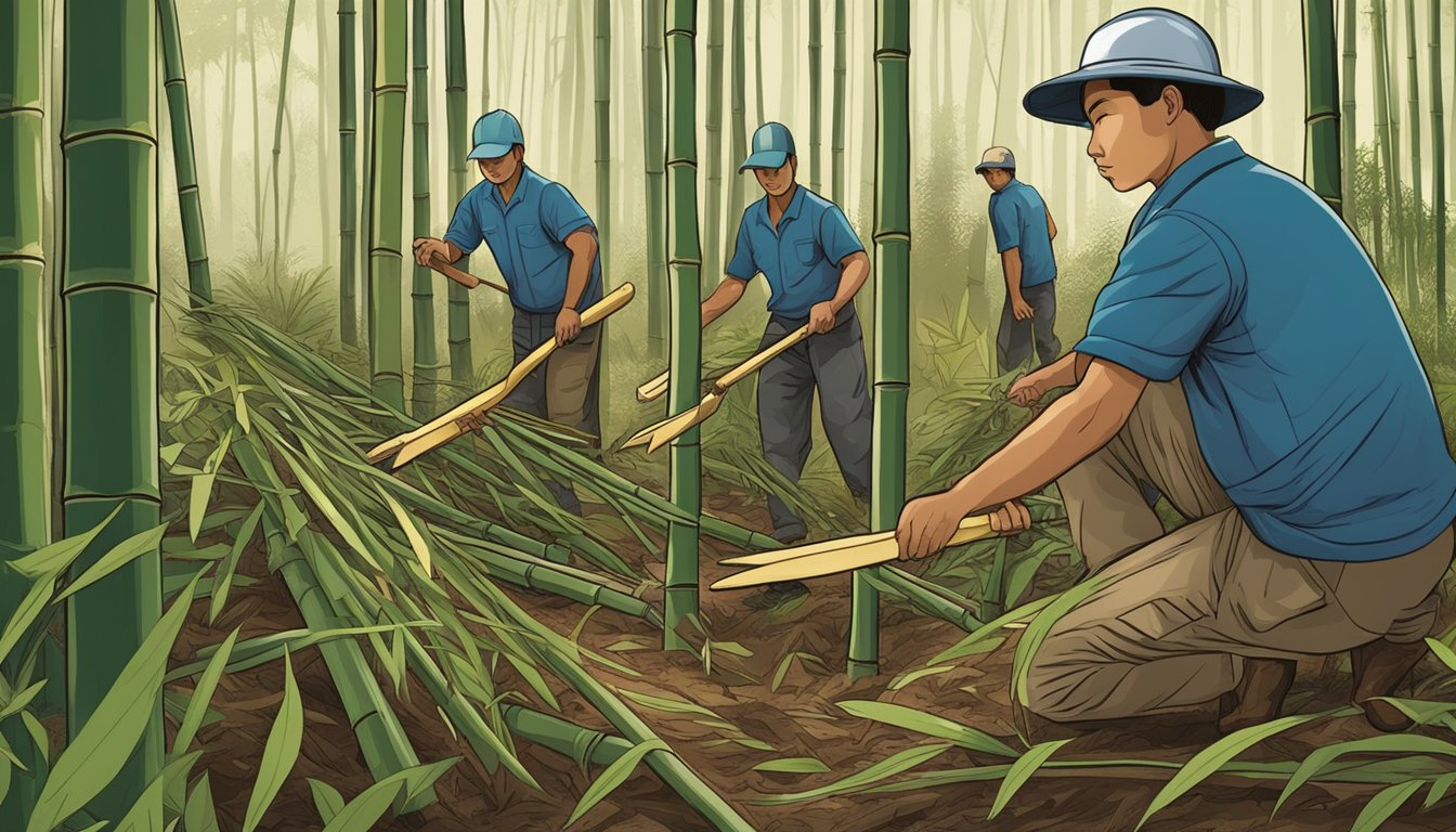 Bamboo shoots being harvested from the forest floor, with workers using machetes to cut them from the base of the plant