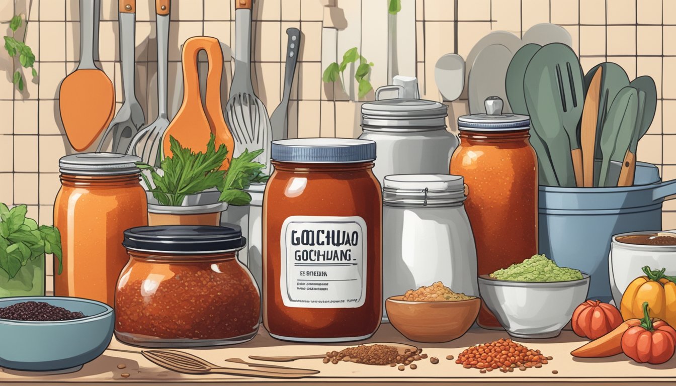 A jar of expired gochujang sits on a cluttered kitchen counter, surrounded by various cooking utensils and ingredients