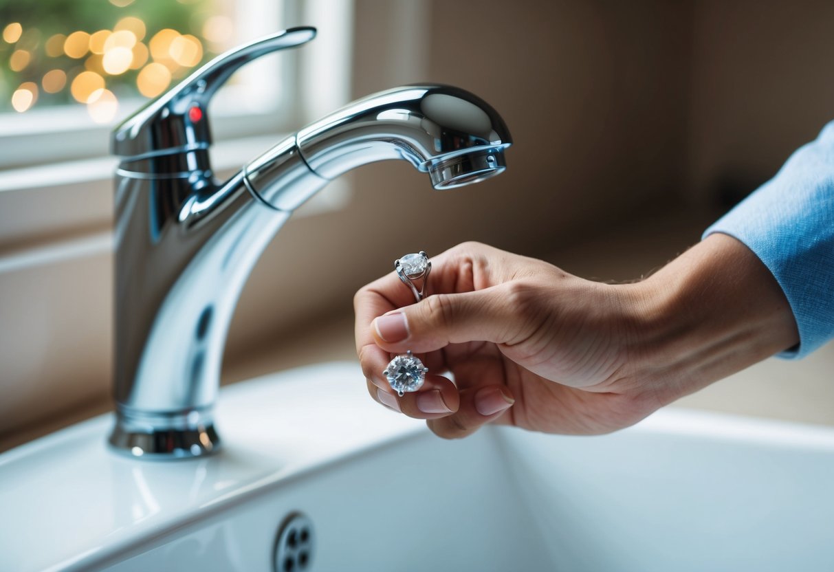 A hand reaching for a sink faucet, wedding ring glinting in the light