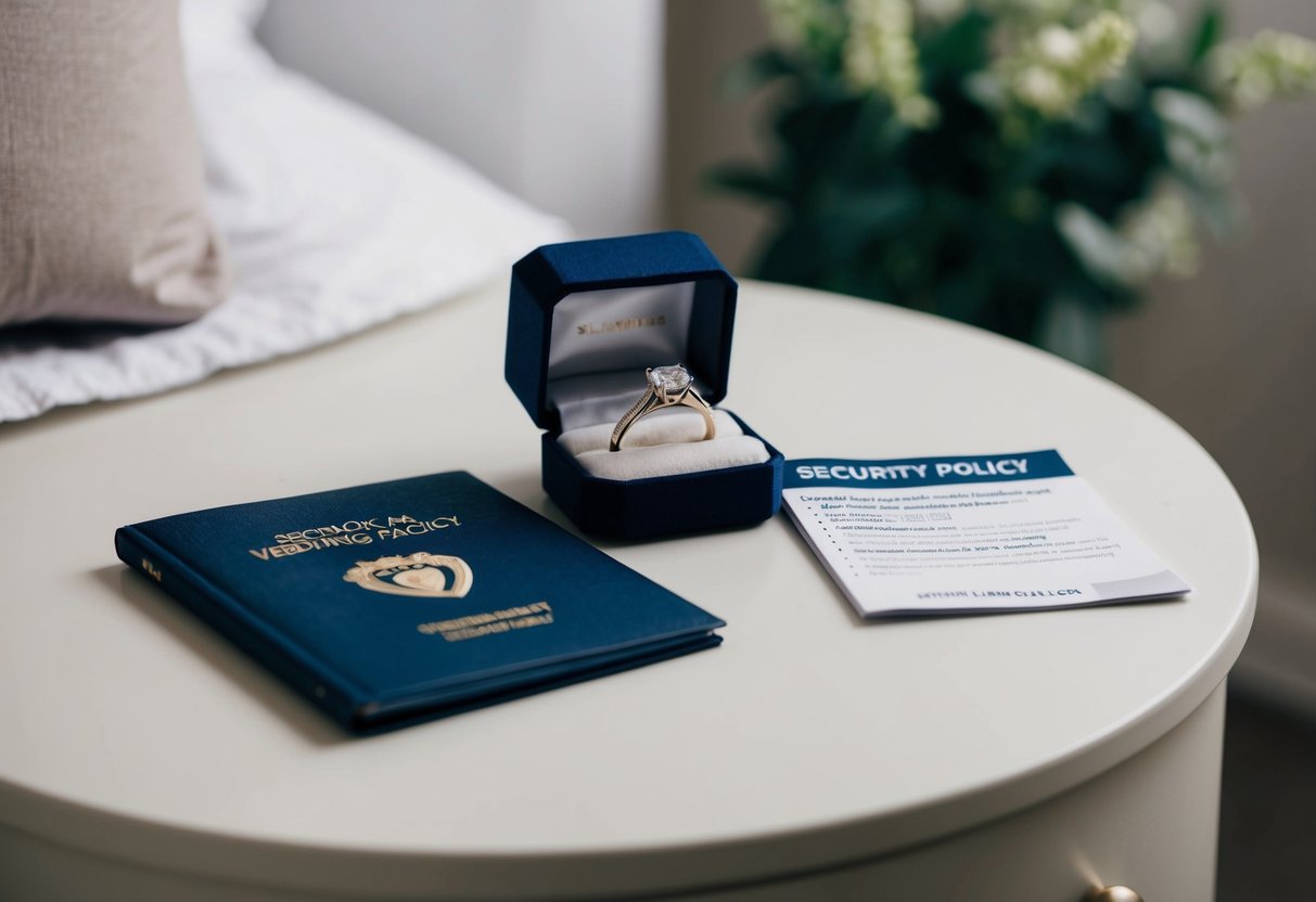 A wedding ring placed on a bedside table, next to a jewelry box and a security policy booklet