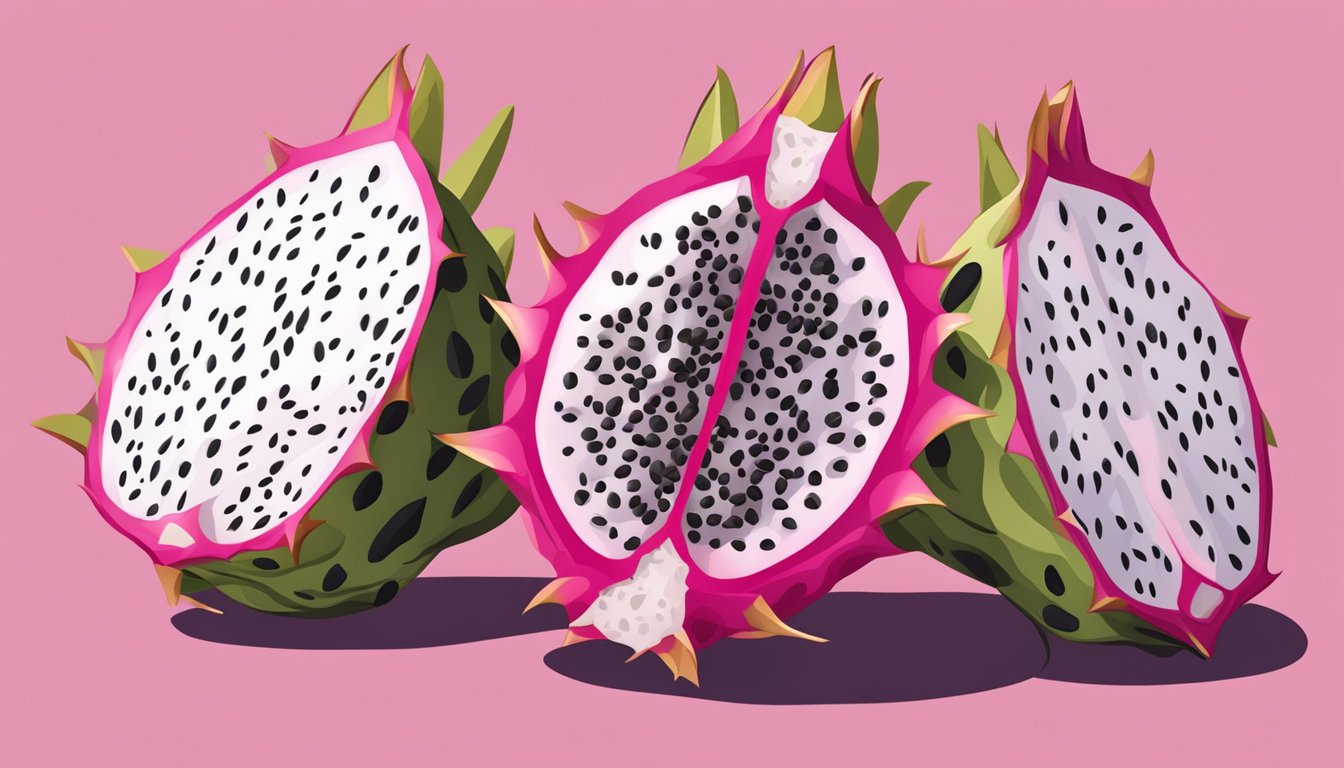 A ripe dragon fruit sliced open, revealing its white or pink flesh speckled with tiny black seeds