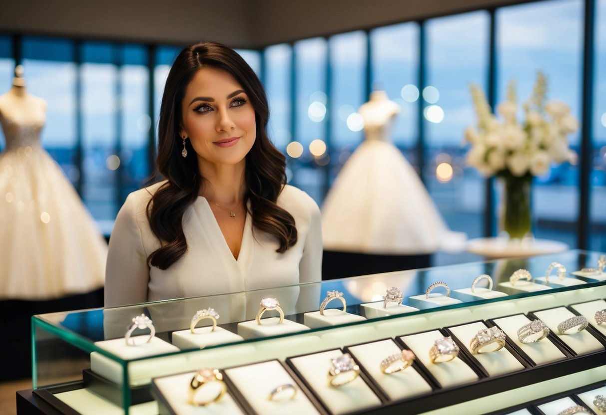 A woman standing in front of a display case filled with sparkling wedding rings, contemplating her decision