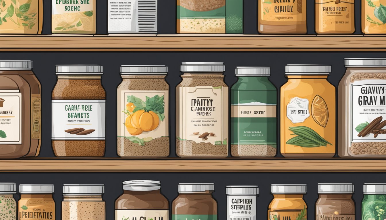 A pantry shelf with expired gravy mix packets, surrounded by various canned goods and spices