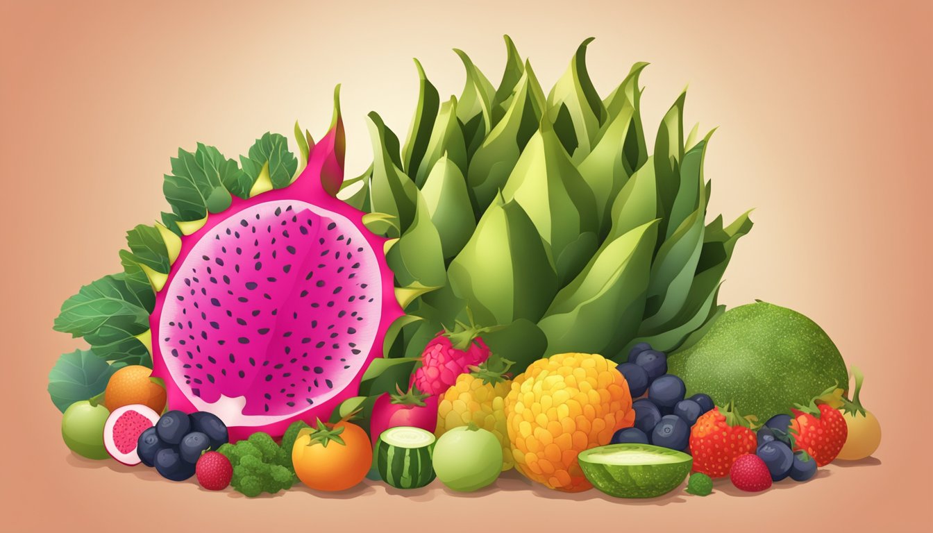 A dragon fruit surrounded by a variety of fruits and vegetables, with a nutrition label and safety symbol in the background