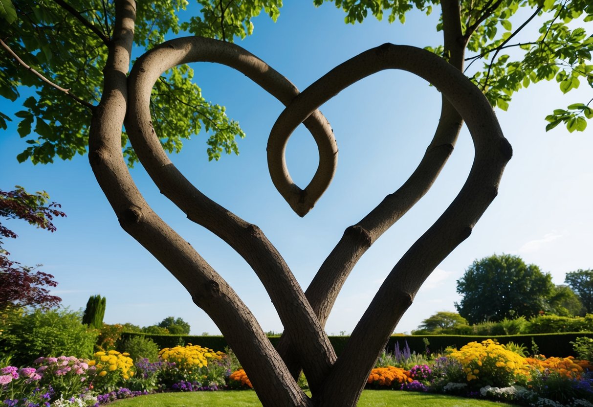 A garden with two intertwined trees, their branches forming a heart shape in the center, surrounded by colorful flowers and a clear blue sky above