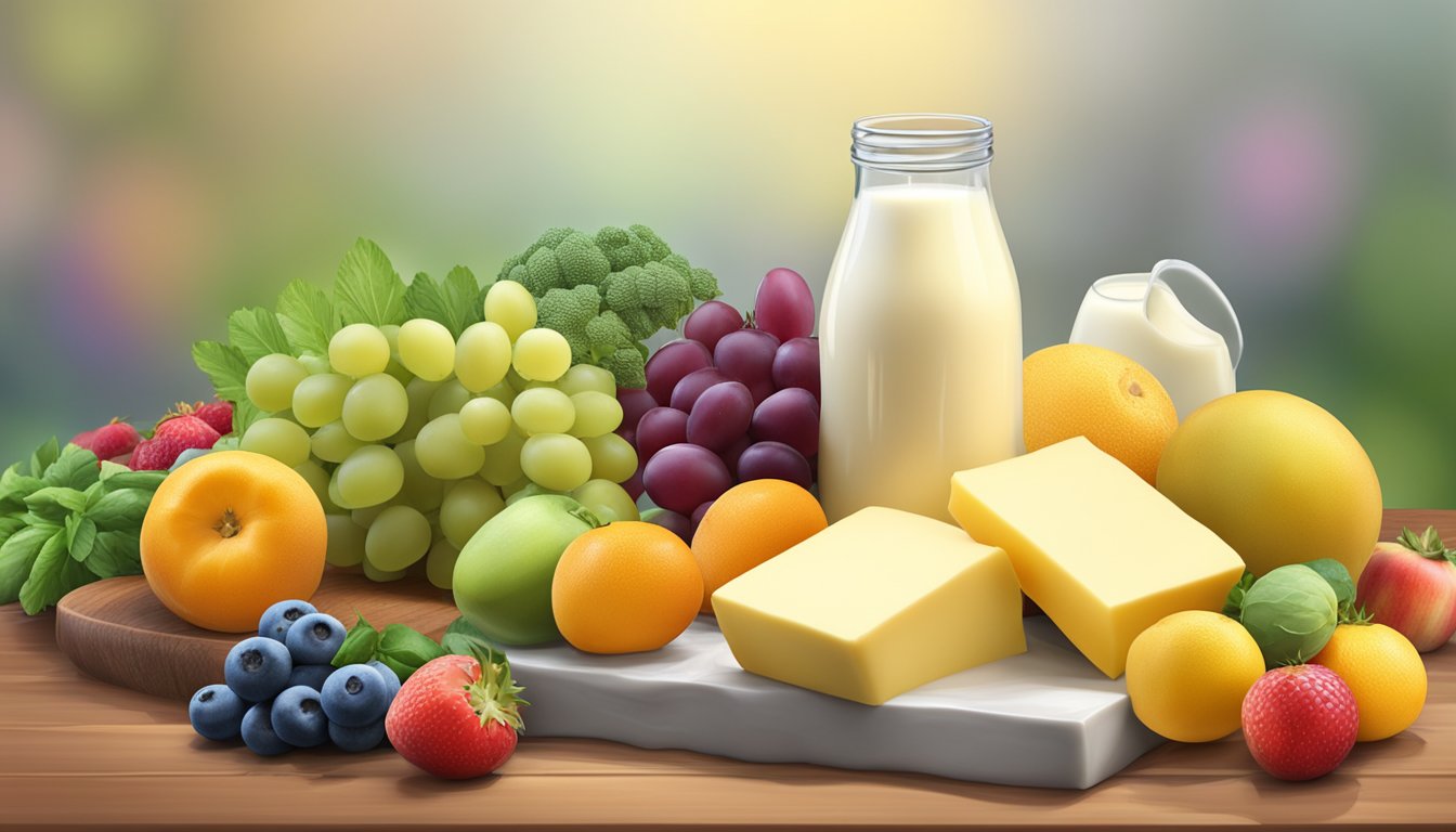 A block of raw butter surrounded by a variety of fresh, colorful fruits and vegetables, with a glass of milk in the background