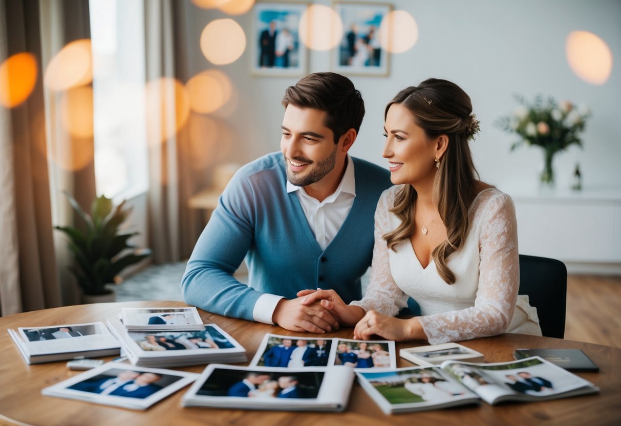 A couple sitting together, surrounded by family photos and wedding magazines, discussing their future