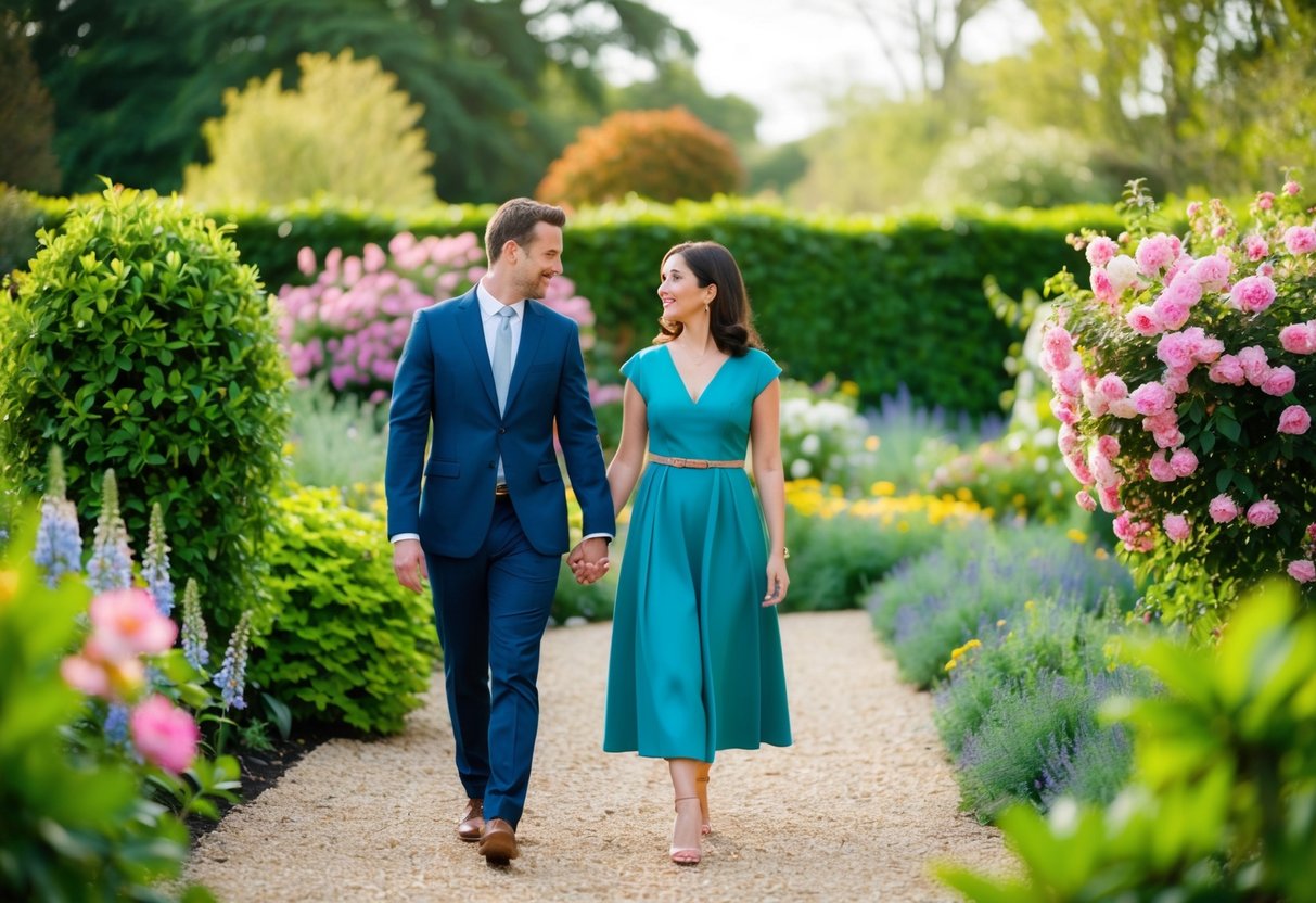 A couple walking through a garden, surrounded by blooming flowers and lush greenery, deep in conversation