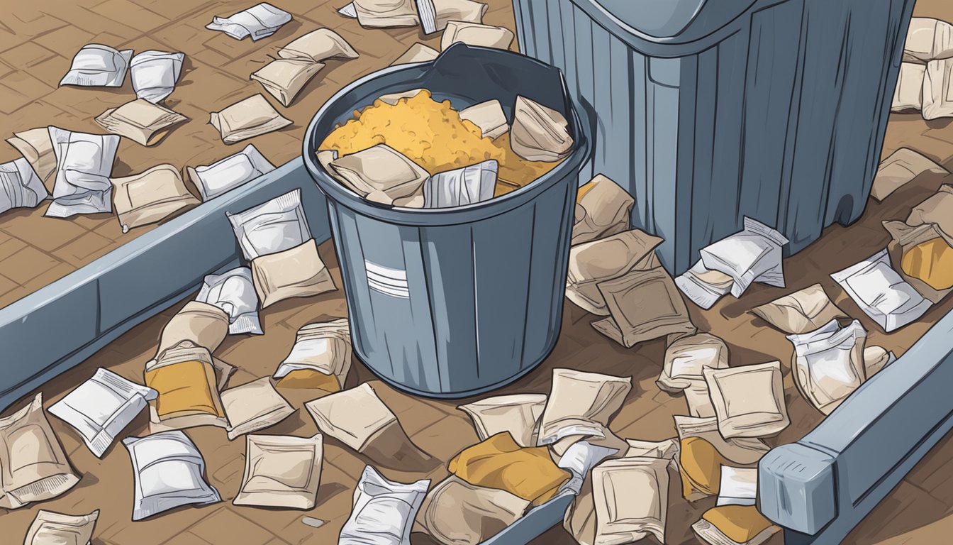 A pile of expired gravy mix packets next to a trash can