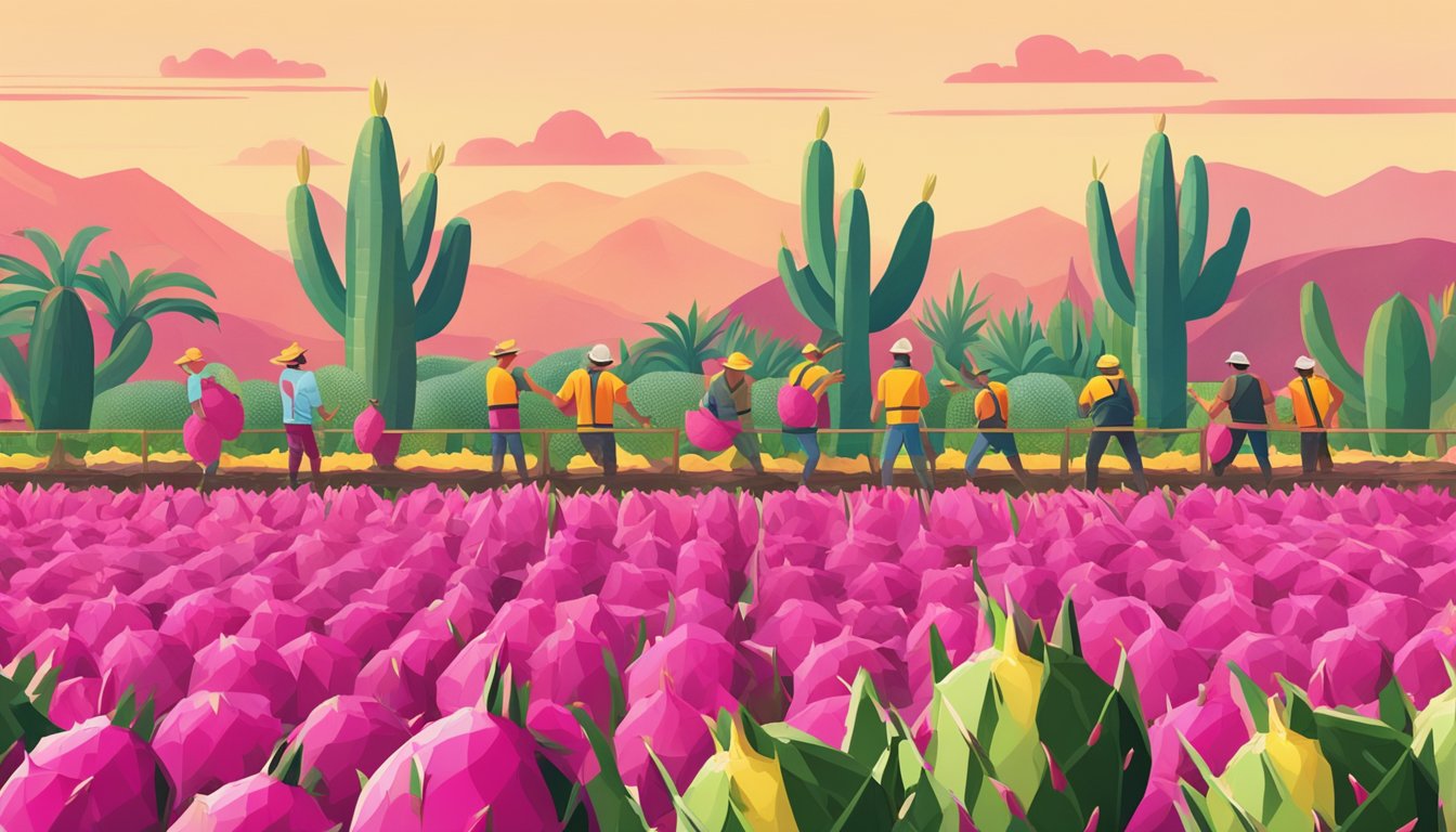 A dragon fruit farm with rows of cacti bearing vibrant pink and yellow fruits, surrounded by workers harvesting and packaging the fruit for distribution