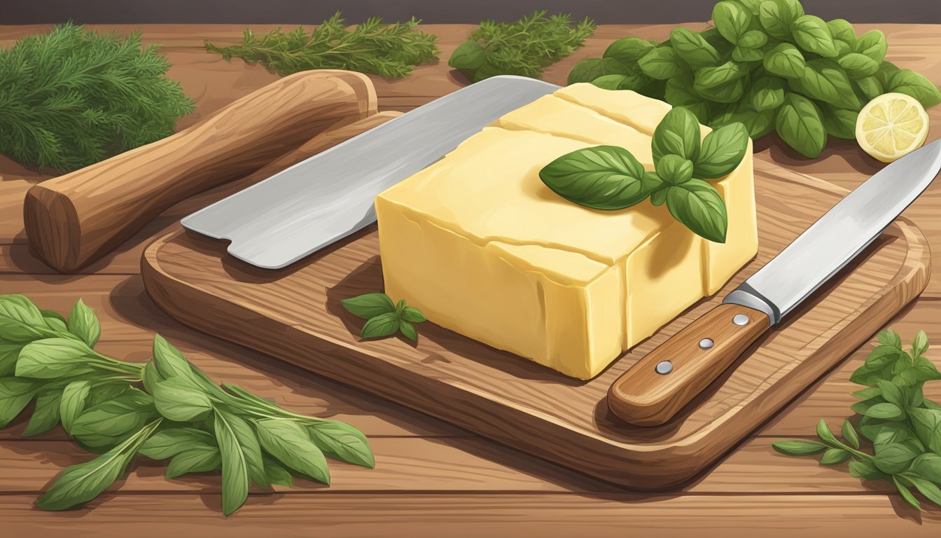 A pat of butter on a wooden cutting board, surrounded by fresh herbs and a knife