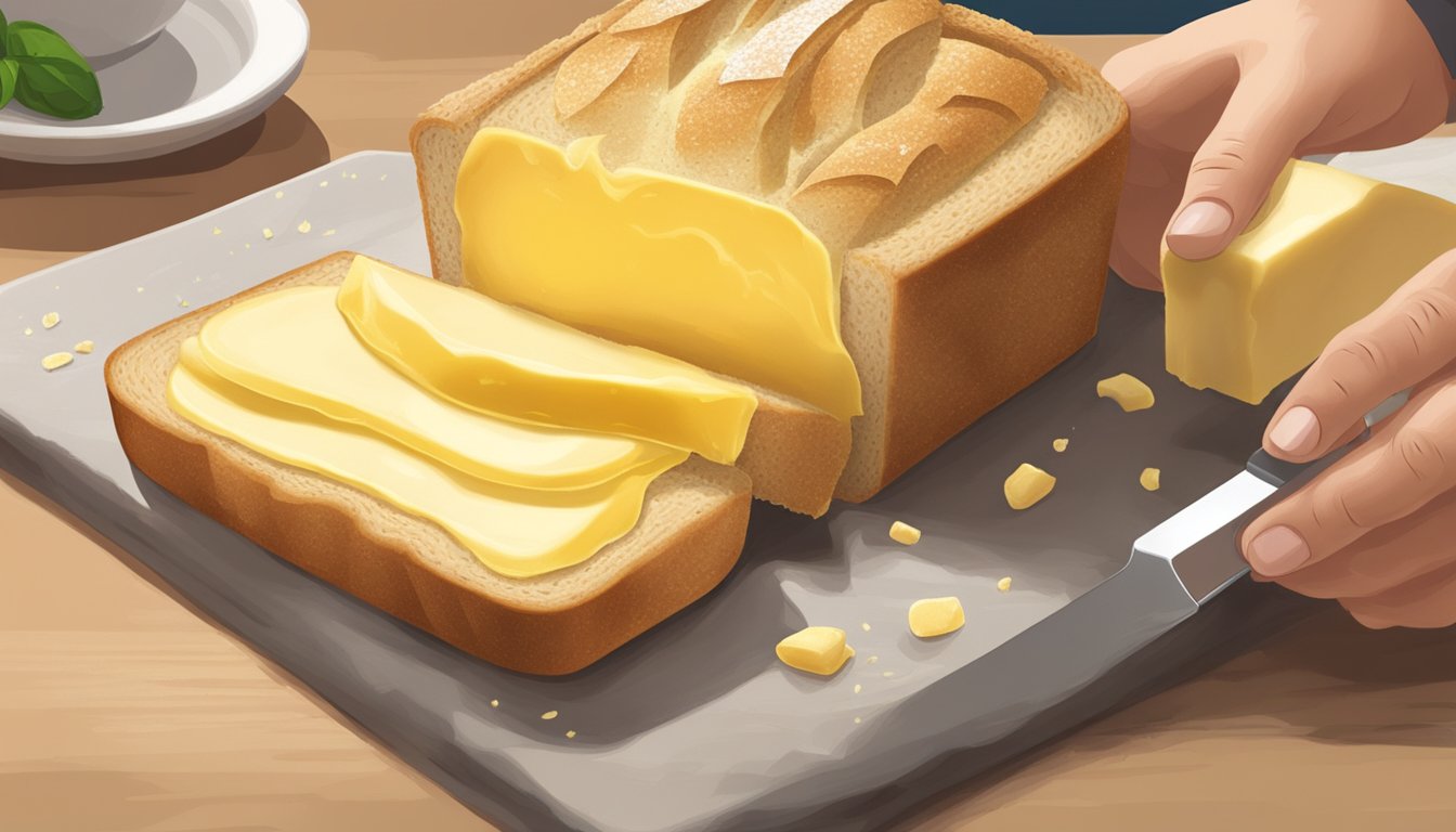 A person spreading raw butter on a slice of bread