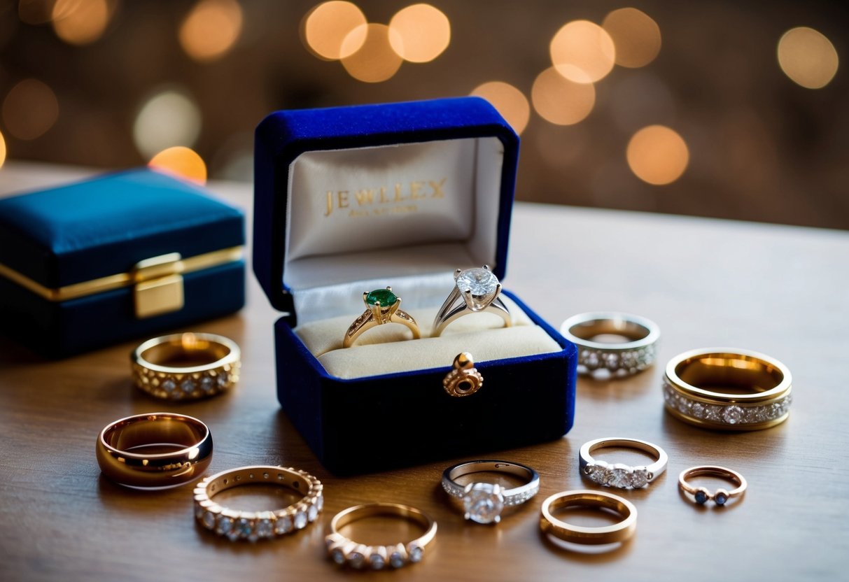 A jewelry box with a collection of rings in various sizes and styles