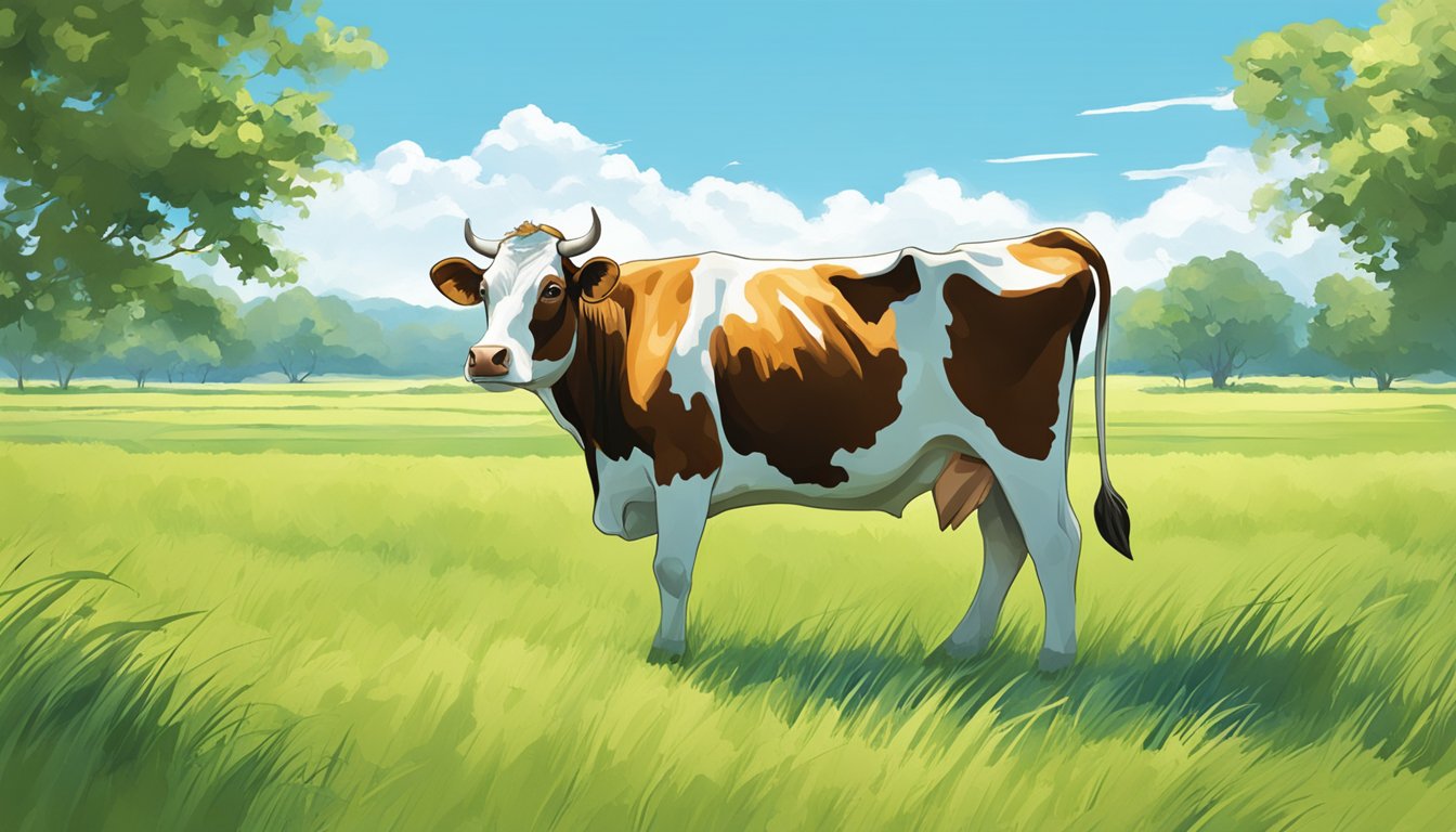 A cow grazing in a lush, open field with a clear blue sky above