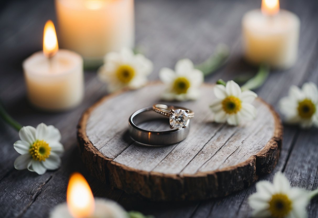 A simple wedding ring on a rustic wooden surface, surrounded by delicate flowers and soft candlelight