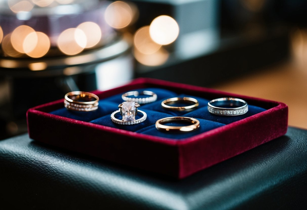 A jeweler presents a selection of wedding rings on a velvet-lined tray