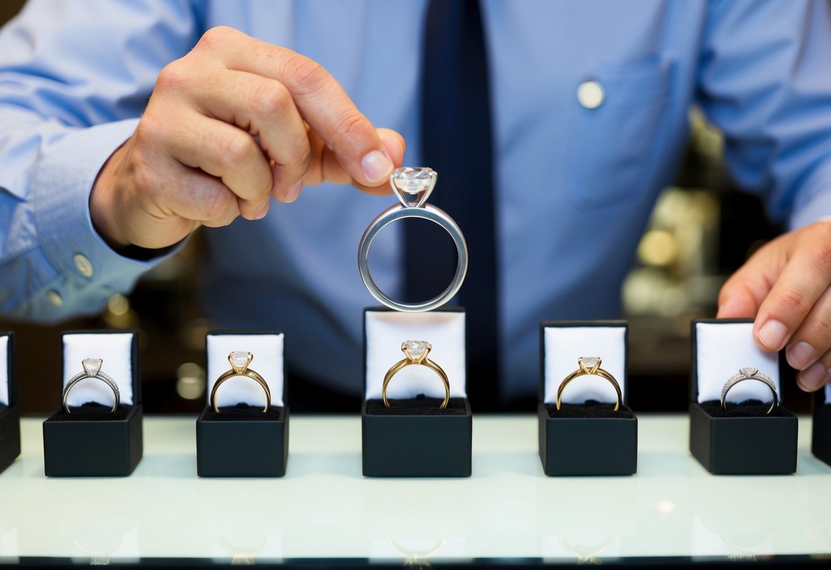 A jeweler measuring a ring sizer over a display of various ring sizes