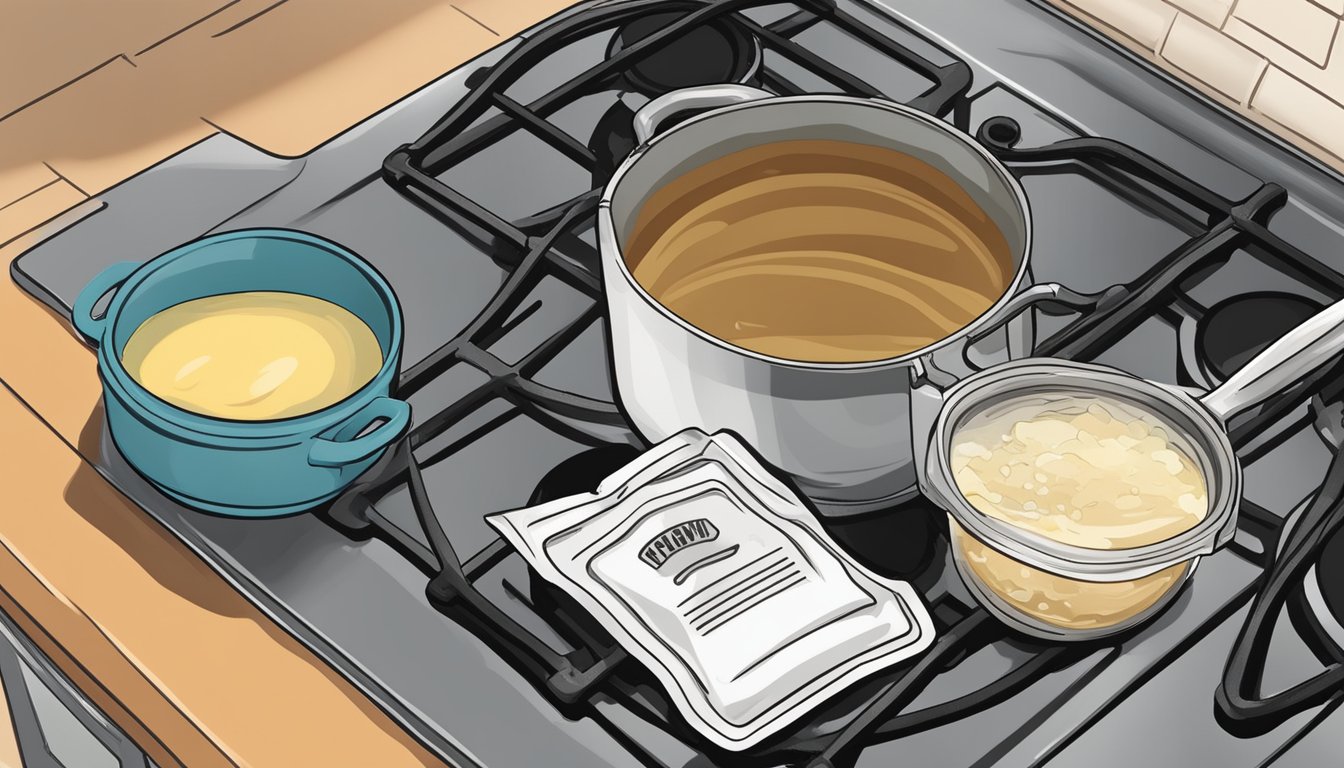 An open, expired gravy mix packet next to a pot of boiling water on a stove