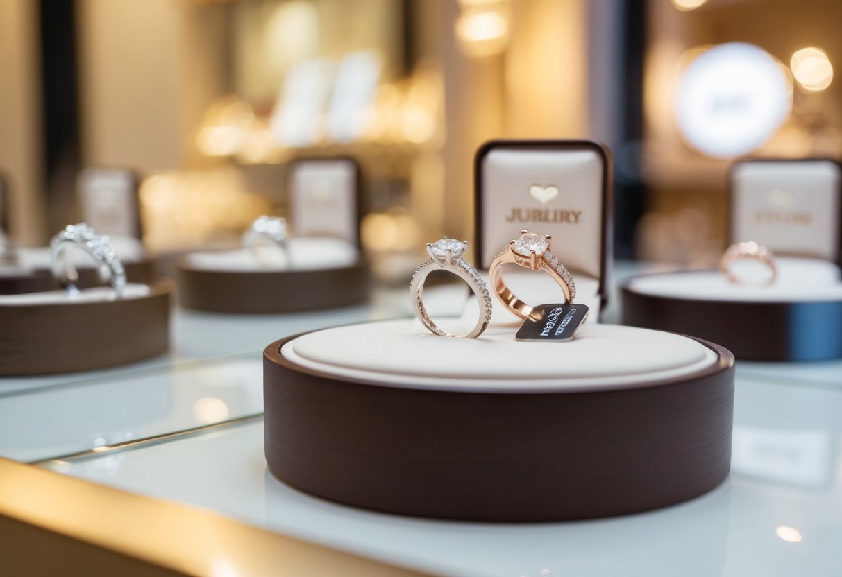 A jewelry store display with wedding rings and a price tag