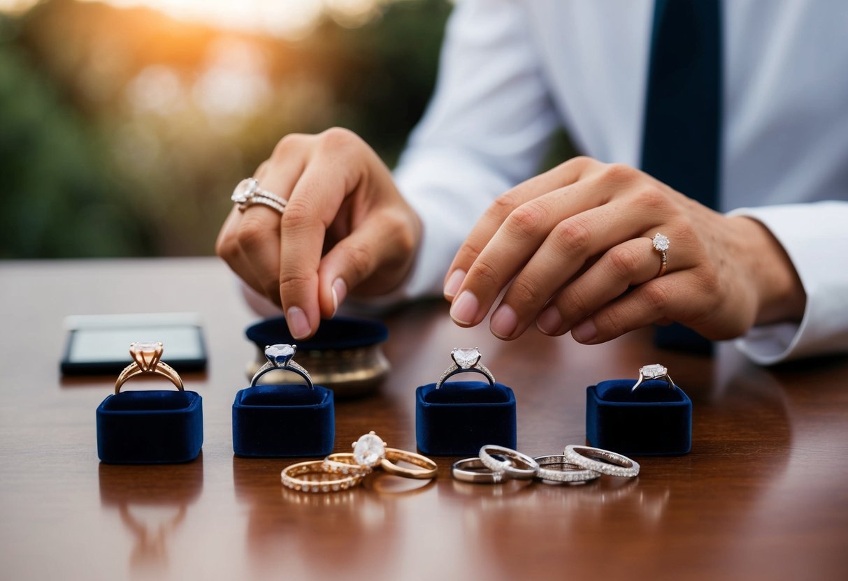 A person comparing a variety of wedding rings in different styles and price ranges