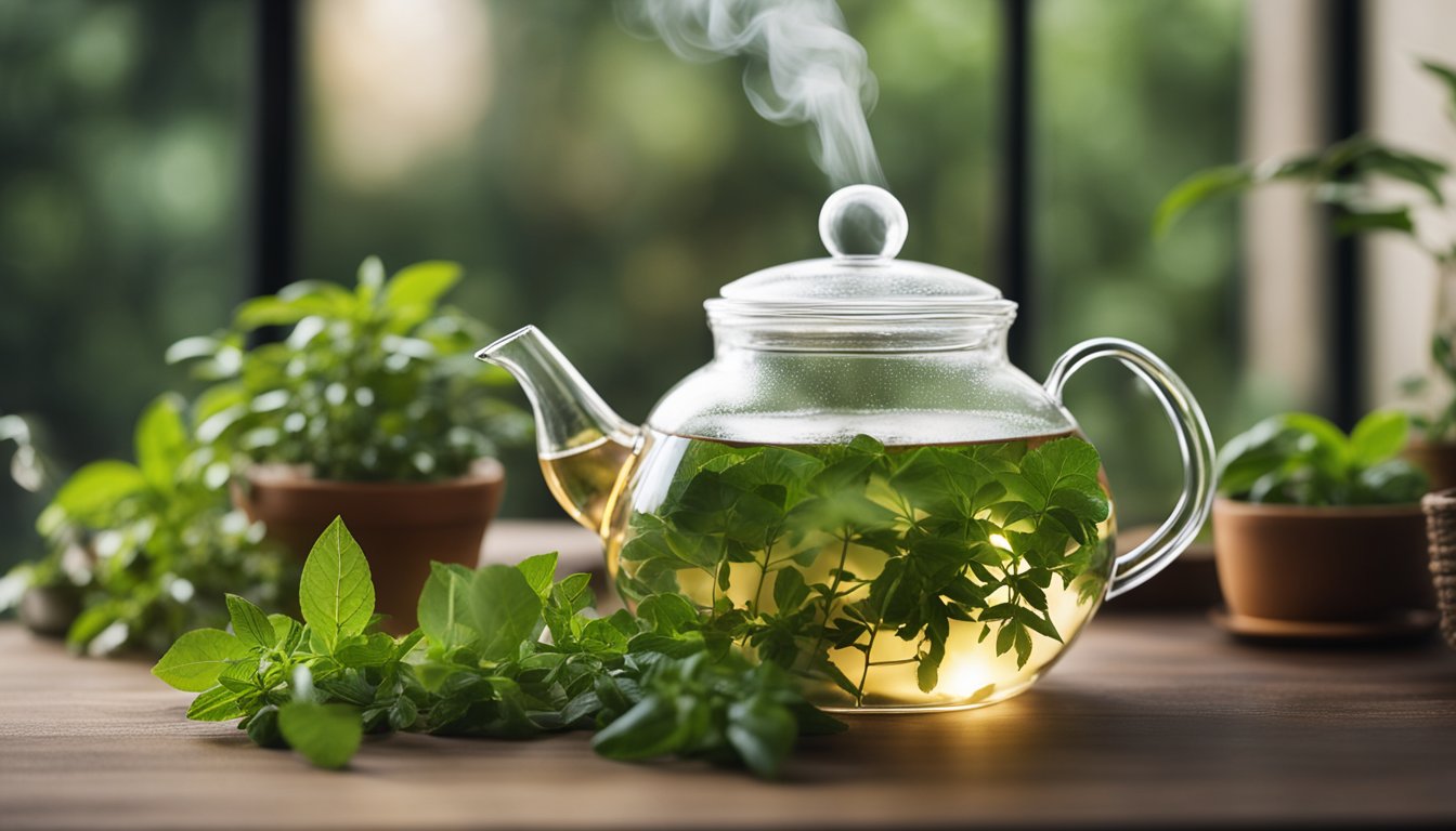 Steaming Tulsi tea in a clear glass teapot, with swirling leaves and a potted plant in soft focus