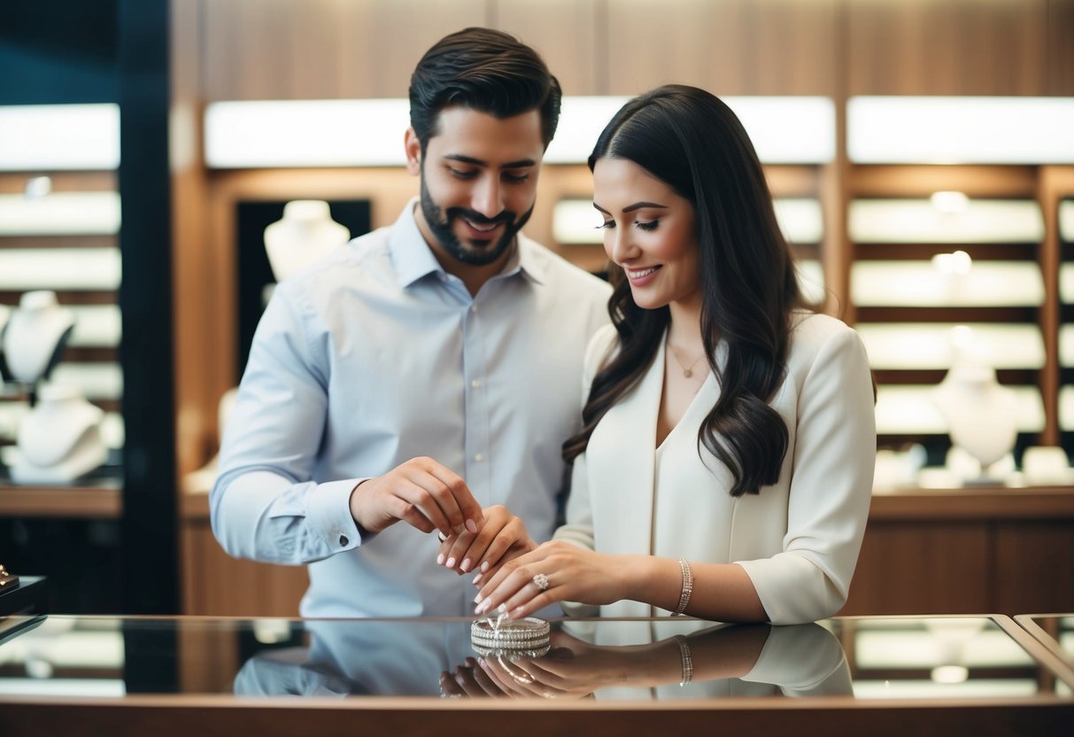 A couple browsing wedding rings at a jewelry store counter