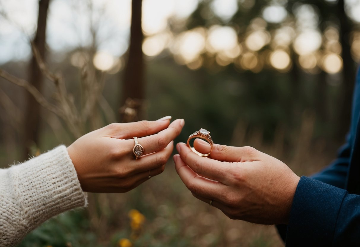 A couple exchanging handmade, unique rings in a natural setting