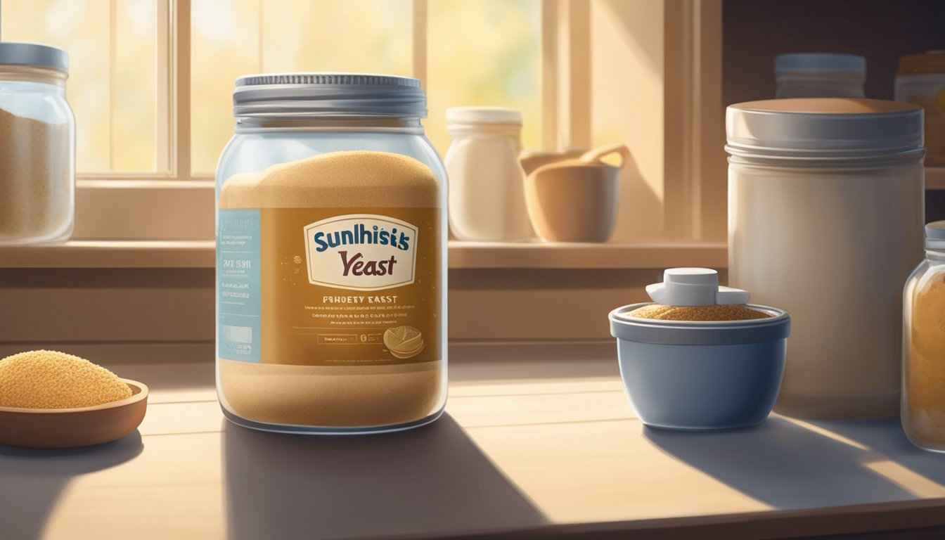 A jar of expired yeast sits on a dusty shelf, surrounded by other baking ingredients. Sunlight filters through the window, casting a warm glow on the neglected pantry item