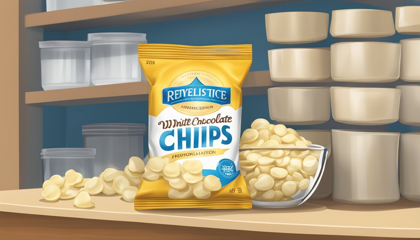 A sealed bag of white chocolate chips sits on a pantry shelf next to a labeled expiration date