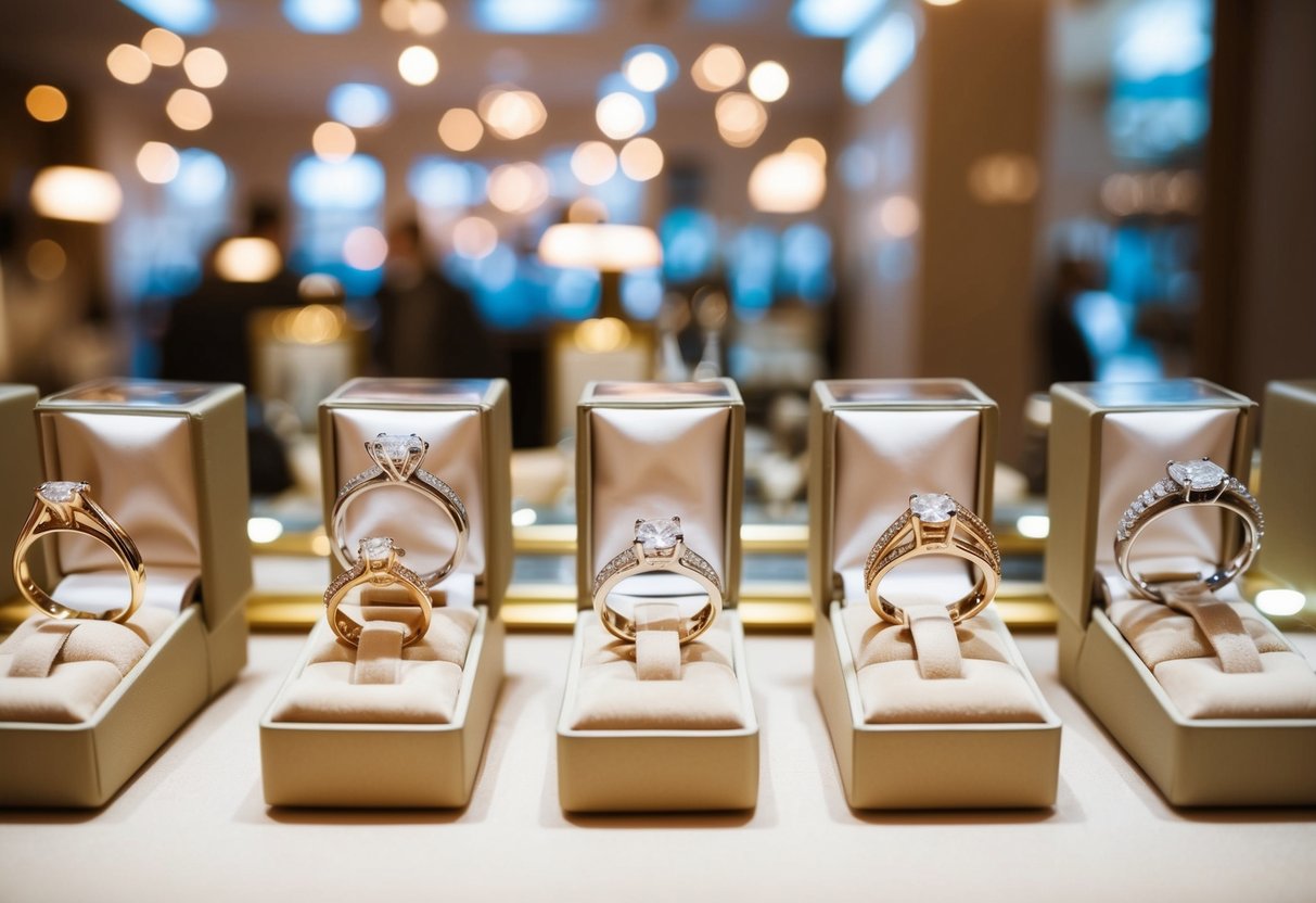 A jewelry store display featuring various wedding rings in the UK