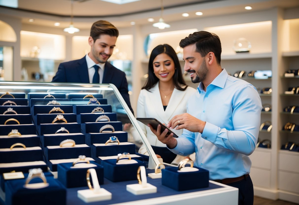 A jeweler's display of elegant wedding rings in various styles and prices, with a knowledgeable salesperson assisting a couple in making their selection