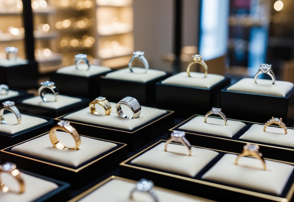 A jewelry store display featuring a variety of wedding rings in different styles and price points