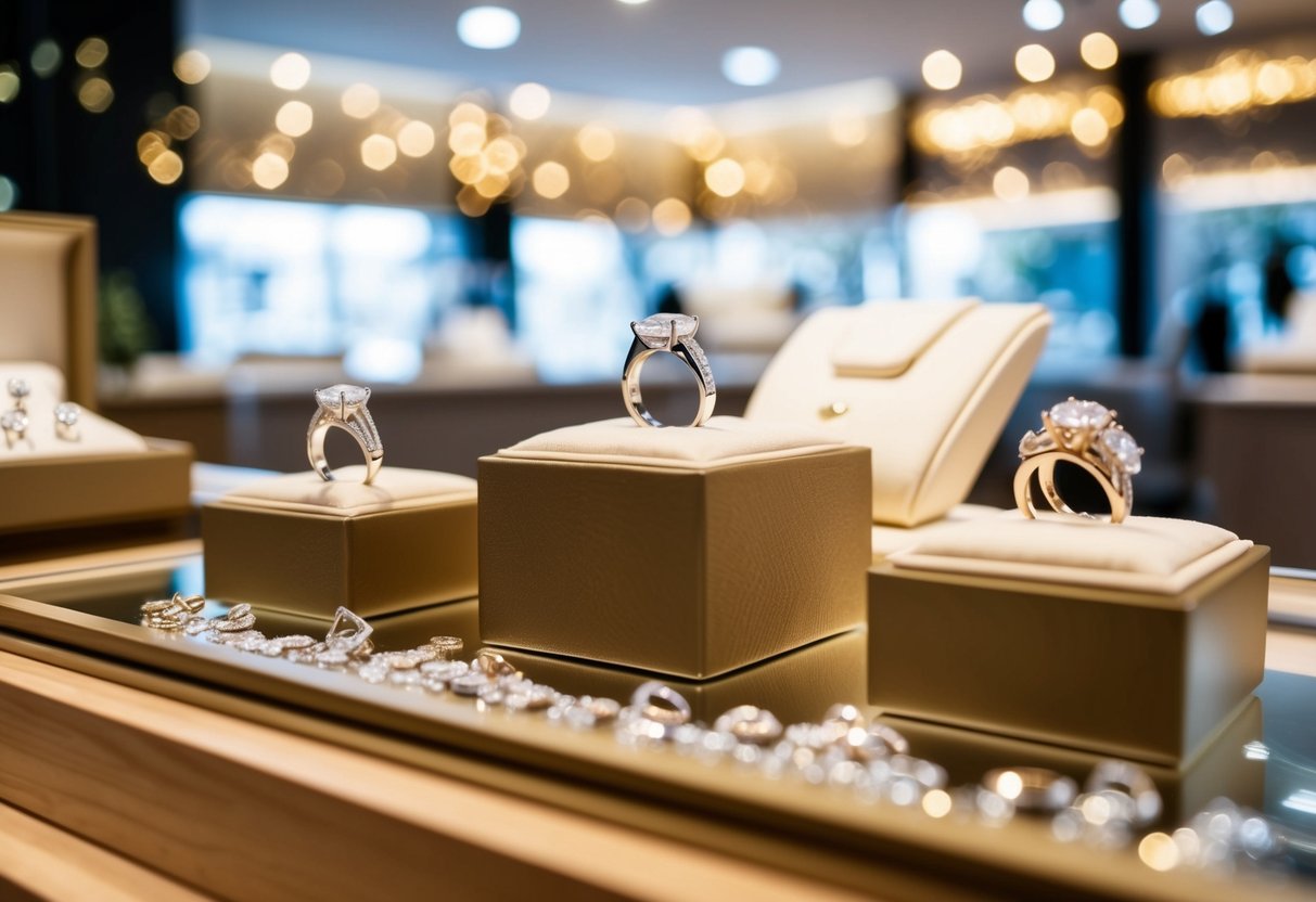 A jewelry store with a sparkling display of wedding rings